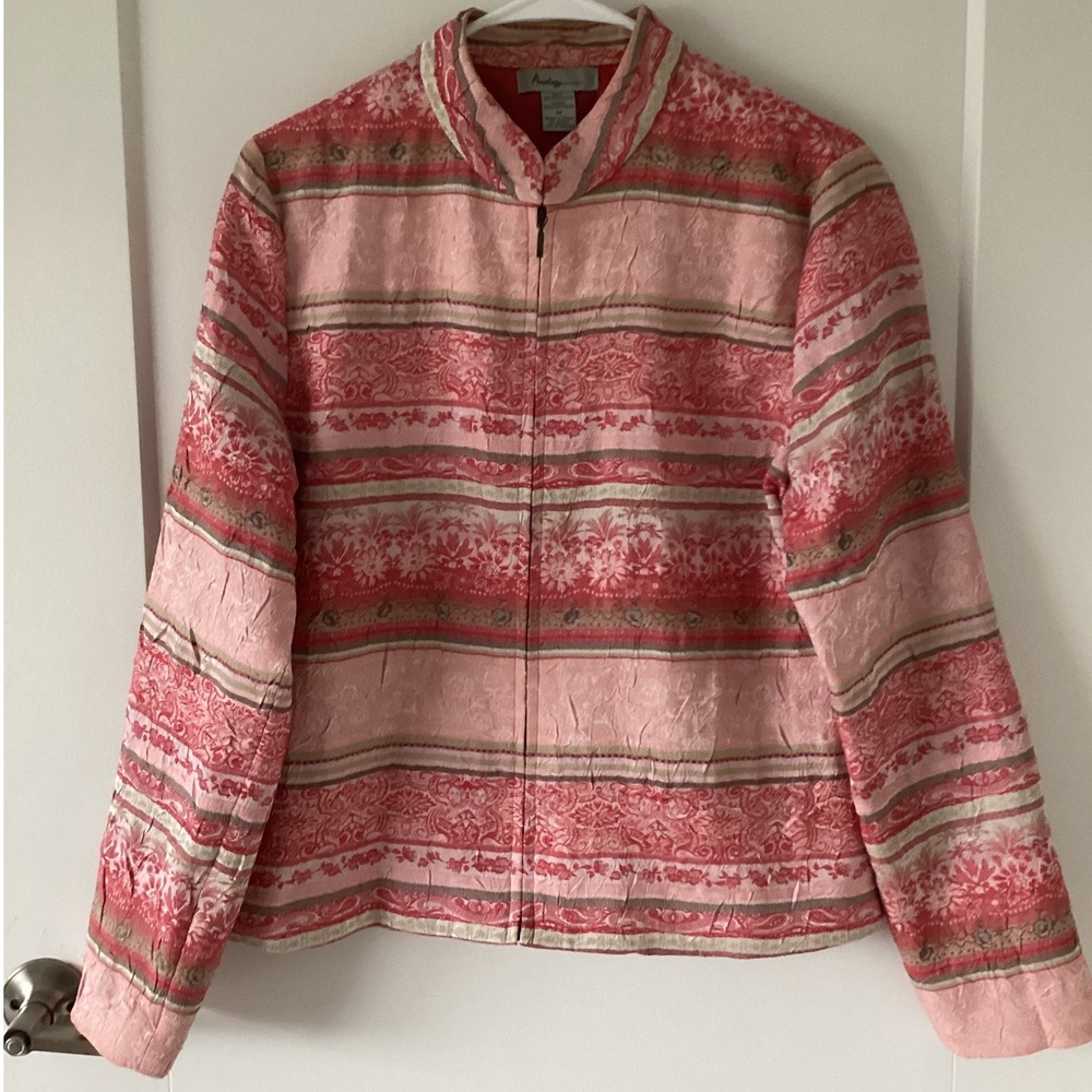 Analogy Pink Red Striped Brocade Jacket Women's M Medium Zip‎ Front Long Sleeve